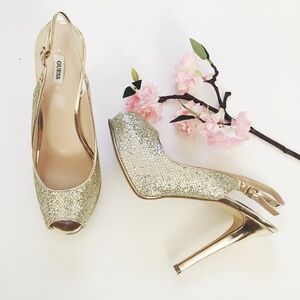 Guess Gold Peep Toe Slingback Heel NWOB